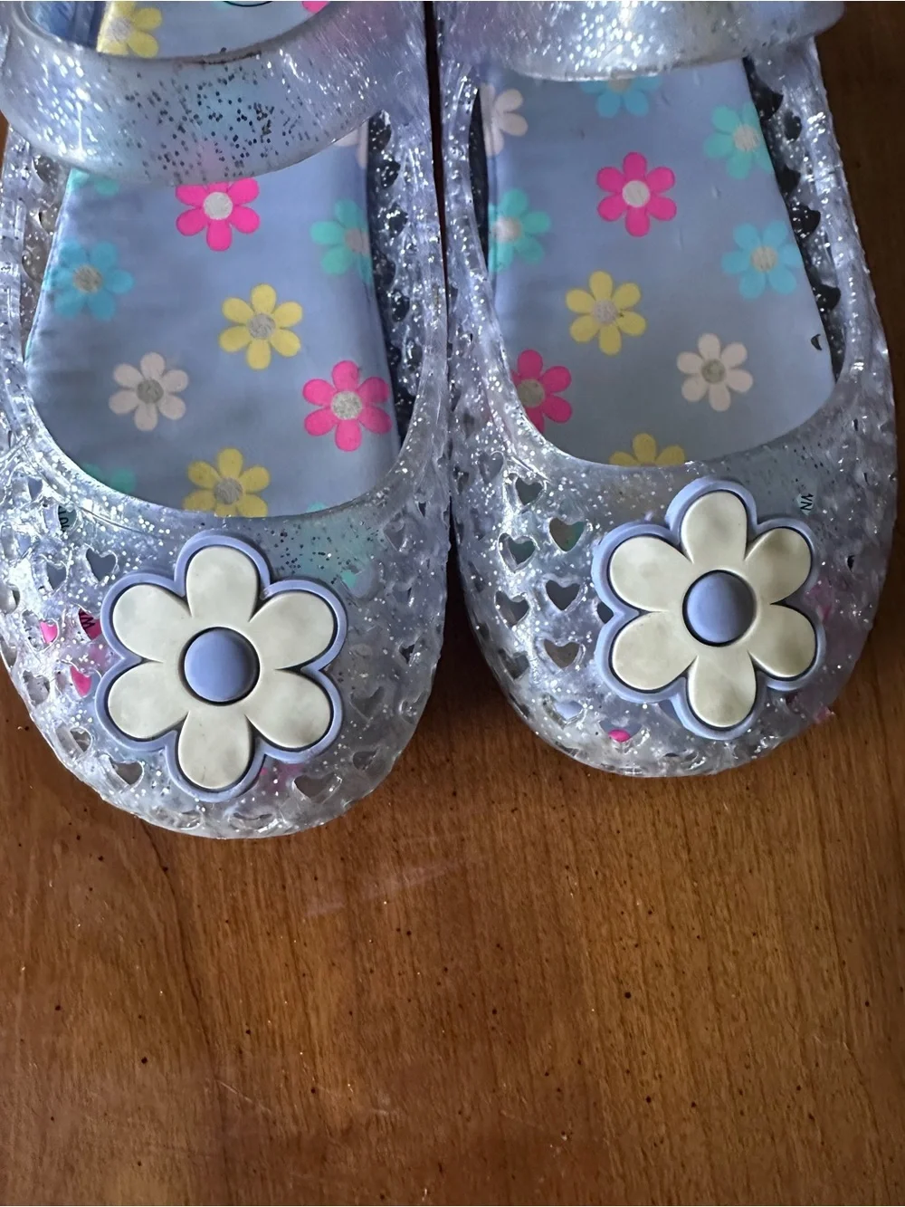 Kids Glitter Jelly Mary Jane Shoes - Blue Clear with Multi-Color Flowers